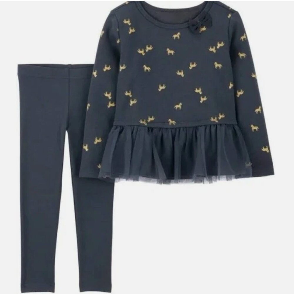 CARTER'S Girls 3T Peplum 2-Piece Top/Leggings Outfit Navy/Gold Horses Tutu NWT